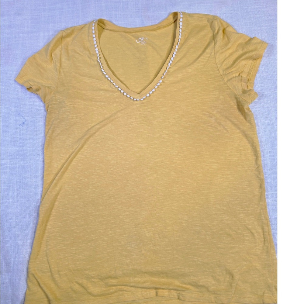 Loft Outlet Womens Mustard Yellow Slub Knit V-Neck Pom Pom Trim T-Shirt S
